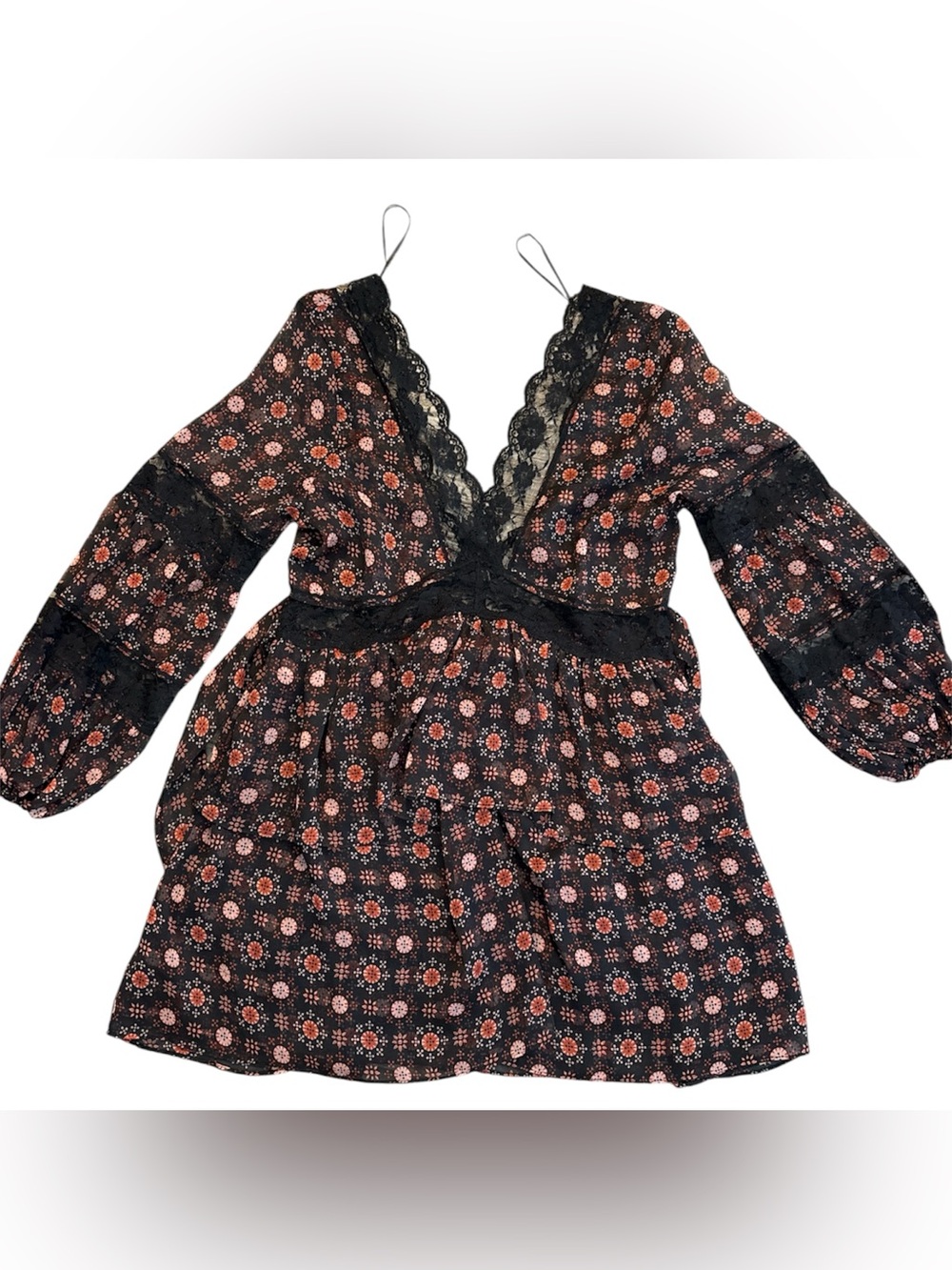 MIA Los Angeles Floral Lace Trim V-Neck Balloon Sleeve Mini Dress Size XS